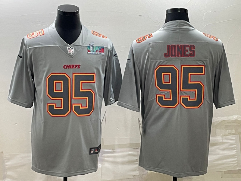 Men's Kansas City Chiefs #95 Chris Jones Gray Super Bowl LVII Patch Atmosphere Fashion Stitched Jersey Men's Kansas City Chiefs #95 Chris Jones Gray Super Bowl LVII Patch Atmosphere Fashion Stitched Jersey